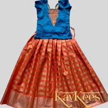 Load image into Gallery viewer, Collection Rekha - Rose Pink colour skirt having gold stripes with Cobalt Blue Cotton Brocade Embroidered Blouse
