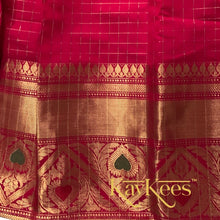 Load image into Gallery viewer, Collection Chakori - Tomato Red Checks-patterned Skirt having a long Benarasi Border with Leaf Green Embroidered Dupion Blouse
