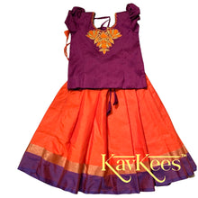 Load image into Gallery viewer, Collection Chandira- Orange Chanderi Cotton Silk Skirt with Purple Dupion Silk Blouse with flower Embroidery
