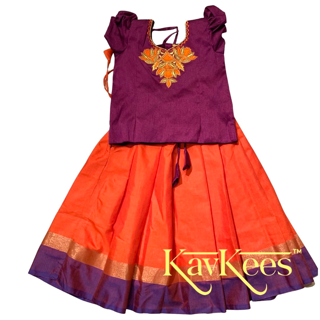 Collection Chandira- Orange Chanderi Cotton Silk Skirt with Purple Dupion Silk Blouse with flower Embroidery