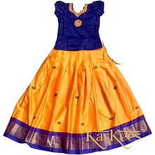 Load image into Gallery viewer, Collection Mahathi- Bright Yellow with Navy Blue Paithani Silk Cotton Skirt with Navy Blue Blouse with Embroidery
