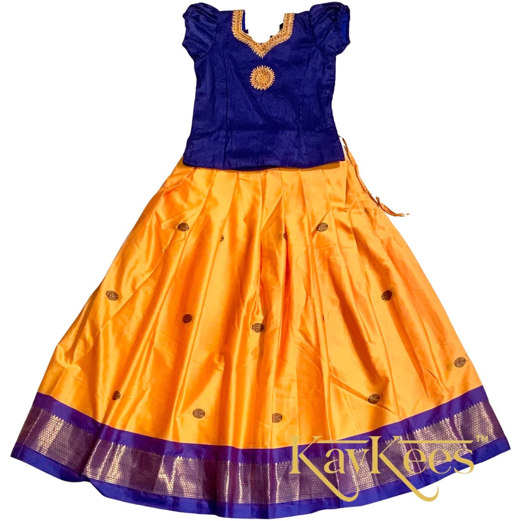 Collection Mahathi- Bright Yellow with Navy Blue Paithani Silk Cotton Skirt with Navy Blue Blouse with Embroidery