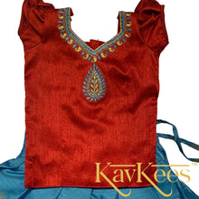 Load image into Gallery viewer, Collection Mahathi - Sky Blue with Red Border and Bright Red Dupion Blouse with Embroidery
