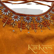 Load image into Gallery viewer, Collection Chakori - Deep brown all over Silver, Gold checkered Skirt with Honey Yellow Embroidered Sleeveless Blouse
