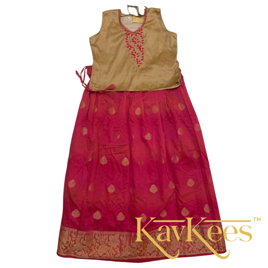 Collection Chandira- Dark Pink with Orange streaks Chanderi Cotton with Tan Dupion Silk Blouse with Embroidery
