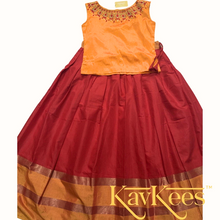 Load image into Gallery viewer, Collection Chandira- Red Chanderi Cotton Silk Skirt with Honey Yellow Dupion Silk Blouse with Embroidery
