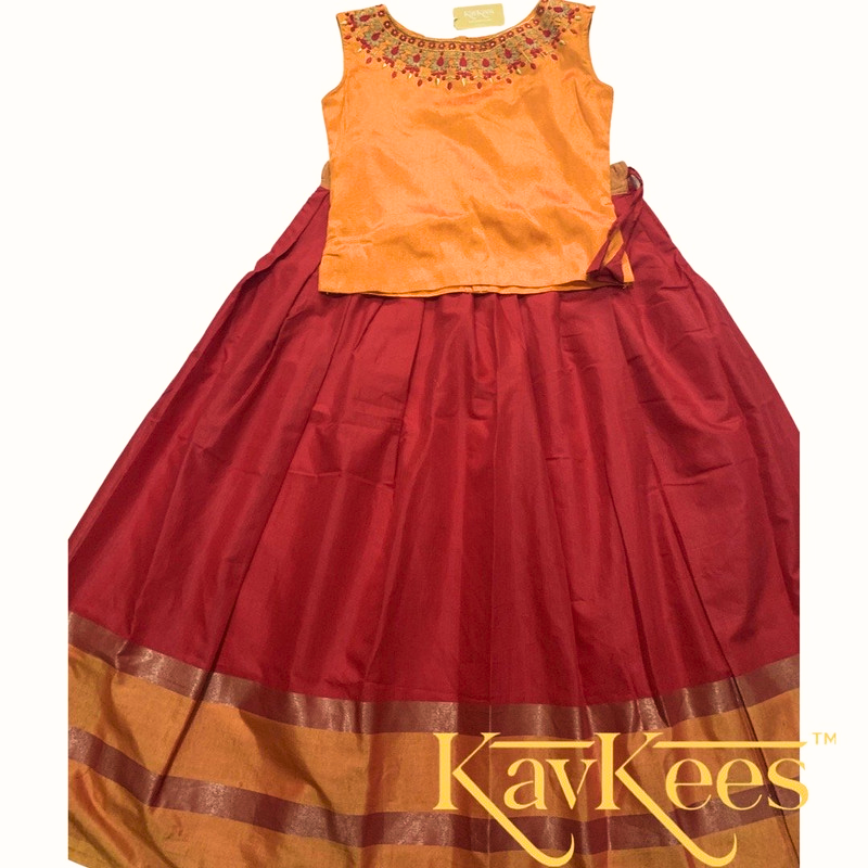 Collection Chandira- Red Chanderi Cotton Silk Skirt with Honey Yellow Dupion Silk Blouse with Embroidery