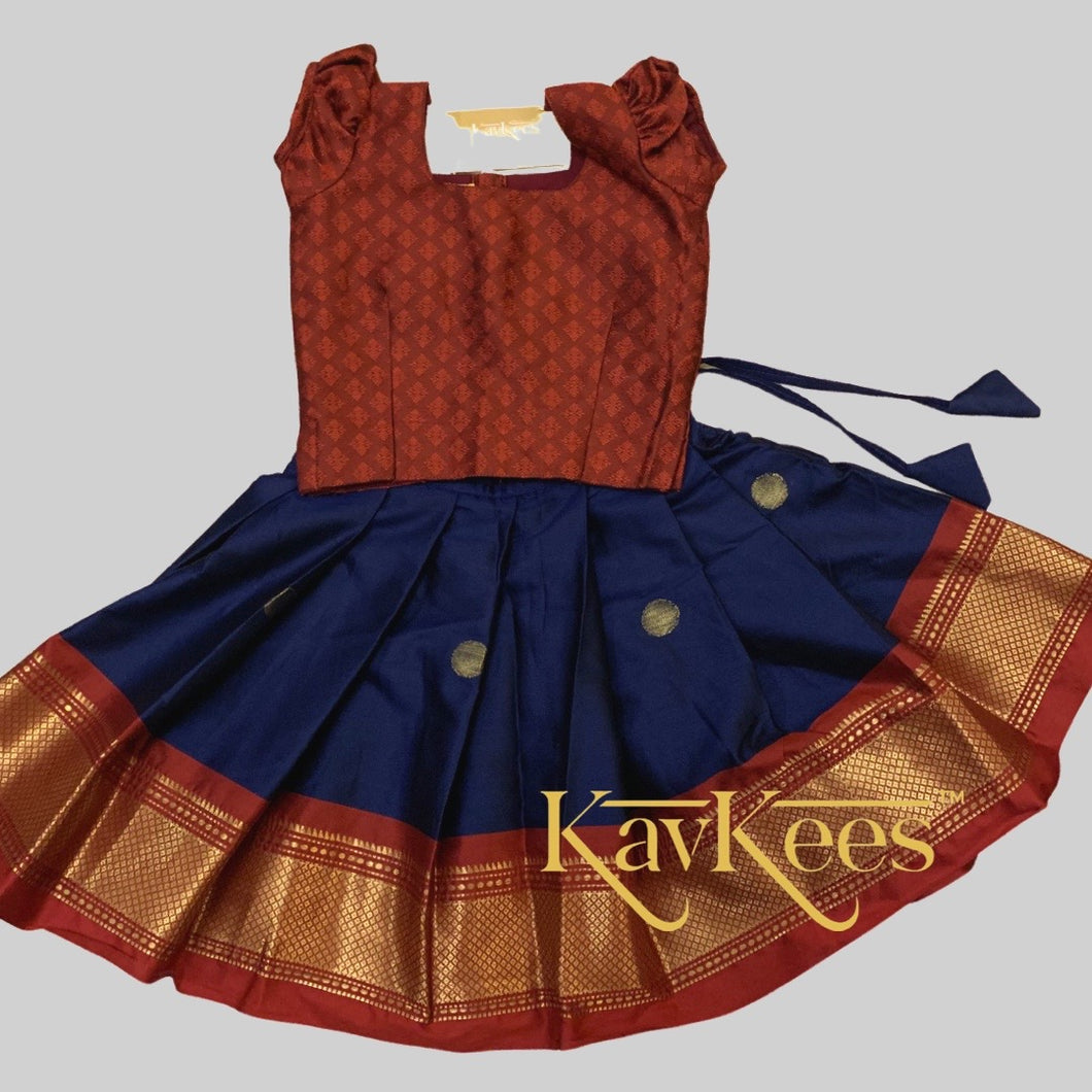 Collection Mahathi - Navy Blue Skirt with Maroon Border and Maroon Red Cotton Brocade Blouse