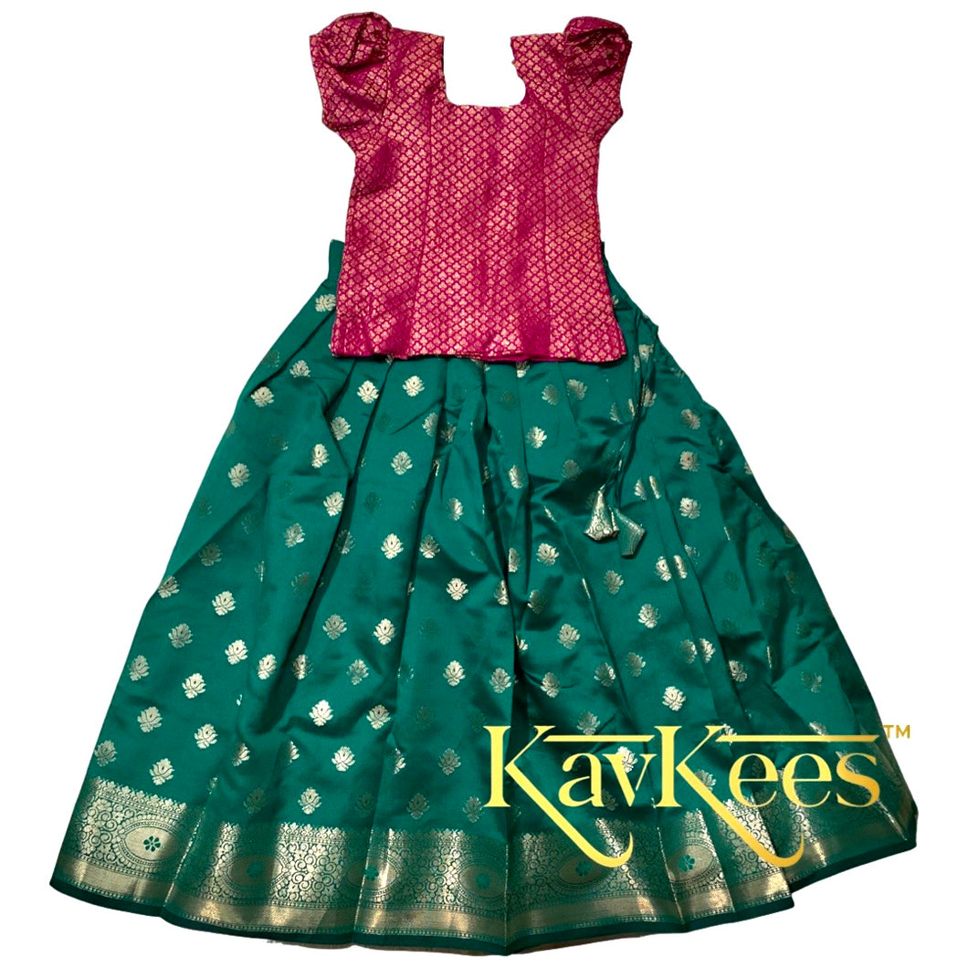 Collection Varna - Leaf Green Skirt with intricate motiffs and border with Magenta Pink Silk Brocade Blouse