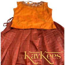 Load image into Gallery viewer, Collection Chakori - Deep brown all over Silver, Gold checkered Skirt with Honey Yellow Embroidered Sleeveless Blouse

