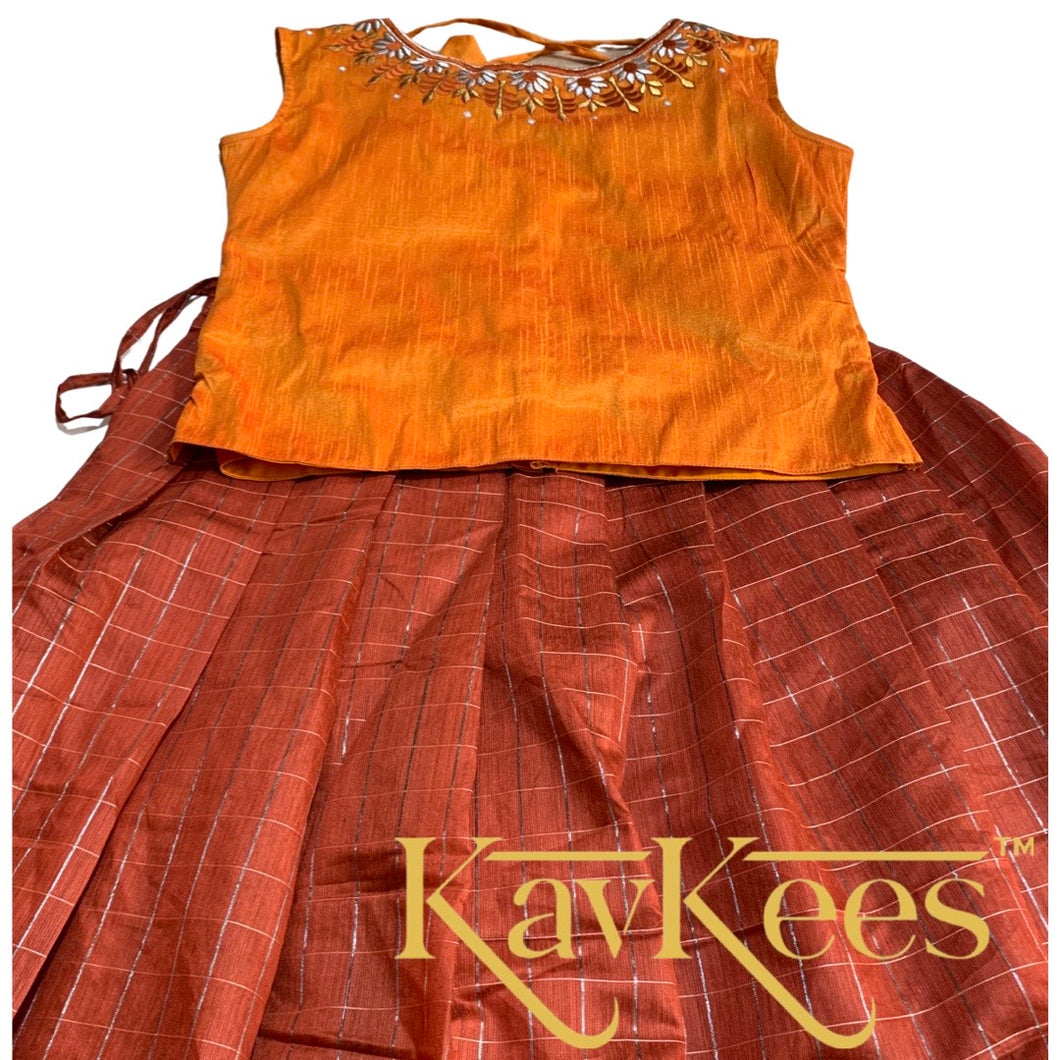 Collection Chakori - Deep brown all over Silver, Gold checkered Skirt with Honey Yellow Embroidered Sleeveless Blouse
