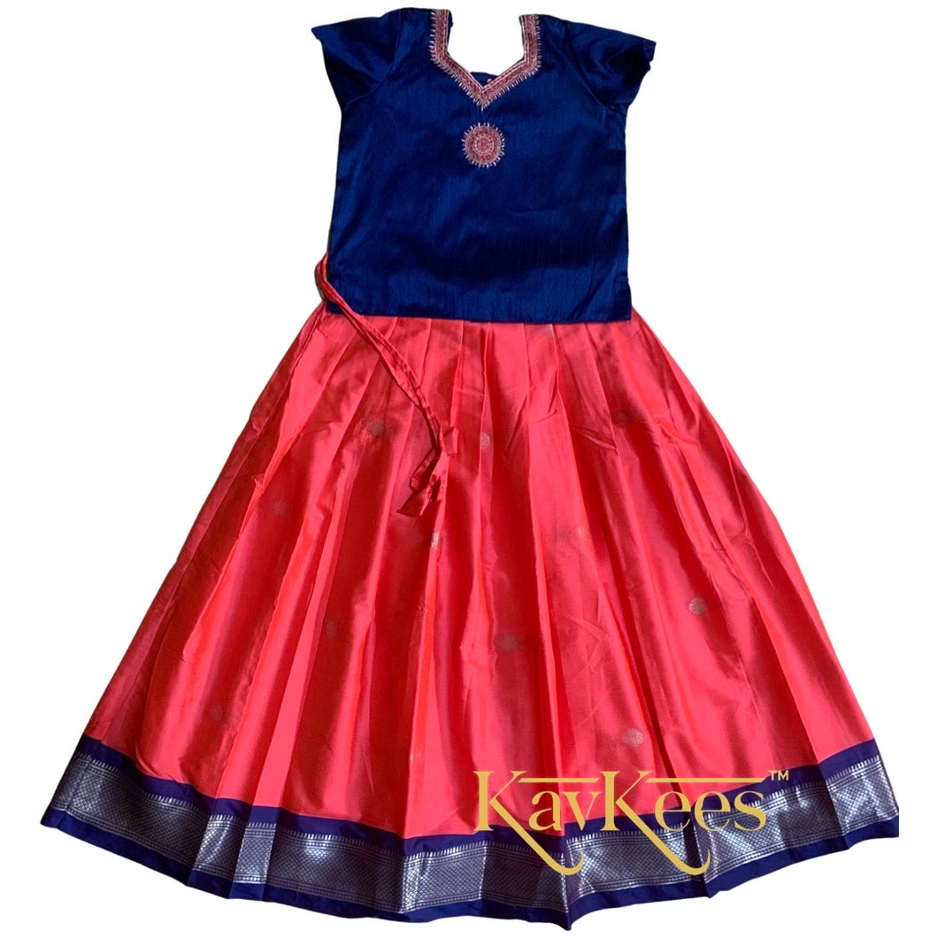 Collection Mahathi - Bright Pink with Navy Blue Border Silk Cotton Skirt and  Navy Blue Blouse with Embroidery