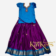 Load image into Gallery viewer, Collection Mahathi - Violet with Bright Blue Border Silk Cotton Skirt and Bright Blue Dupion Silk Blouse with Embroidery
