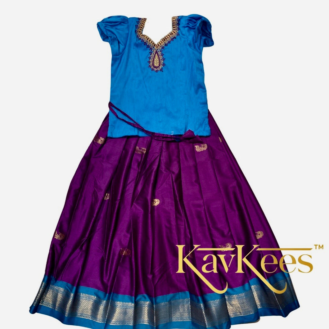 Collection Mahathi - Violet with Bright Blue Border Silk Cotton Skirt and Bright Blue Dupion Silk Blouse with Embroidery