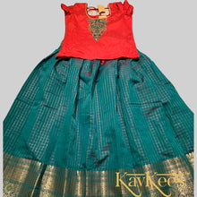 Load image into Gallery viewer, Collection Chakori - Green Checks-patterned Skirt having a long Benarasi Border with Red Embroidered Blouse
