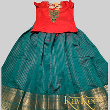 Load image into Gallery viewer, Collection Chakori - Green Checks-patterned Skirt having a long Benarasi Border with Red Embroidered Blouse

