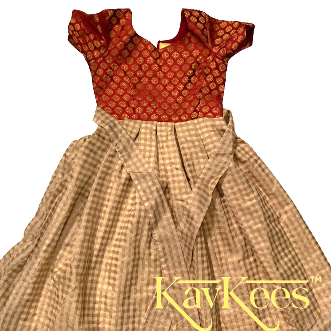 Collection Gowri - Beige Checks-patterned Chanderi Silk Cotton Long Frock/Gown with Dark Maroon Gold Brocade Bodice