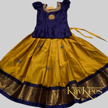 Load image into Gallery viewer, Collection Mahathi - Golden Mustard with Navy Blue Border and Navy Blue Dupion Silk Blouse with Gold Embroidery
