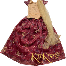 Load image into Gallery viewer, Collection Aarna - Maroon with all-over Flower Prints with Gold Embroidered Organza Lehenga with Dark Beige Dupion Silk Blouse
