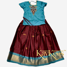 Load image into Gallery viewer, Collection Mahathi - Dark Brown with Aqua Blue Border Silk Cotton Skirt and Aqua Blue Silk Blouse with Embroidery
