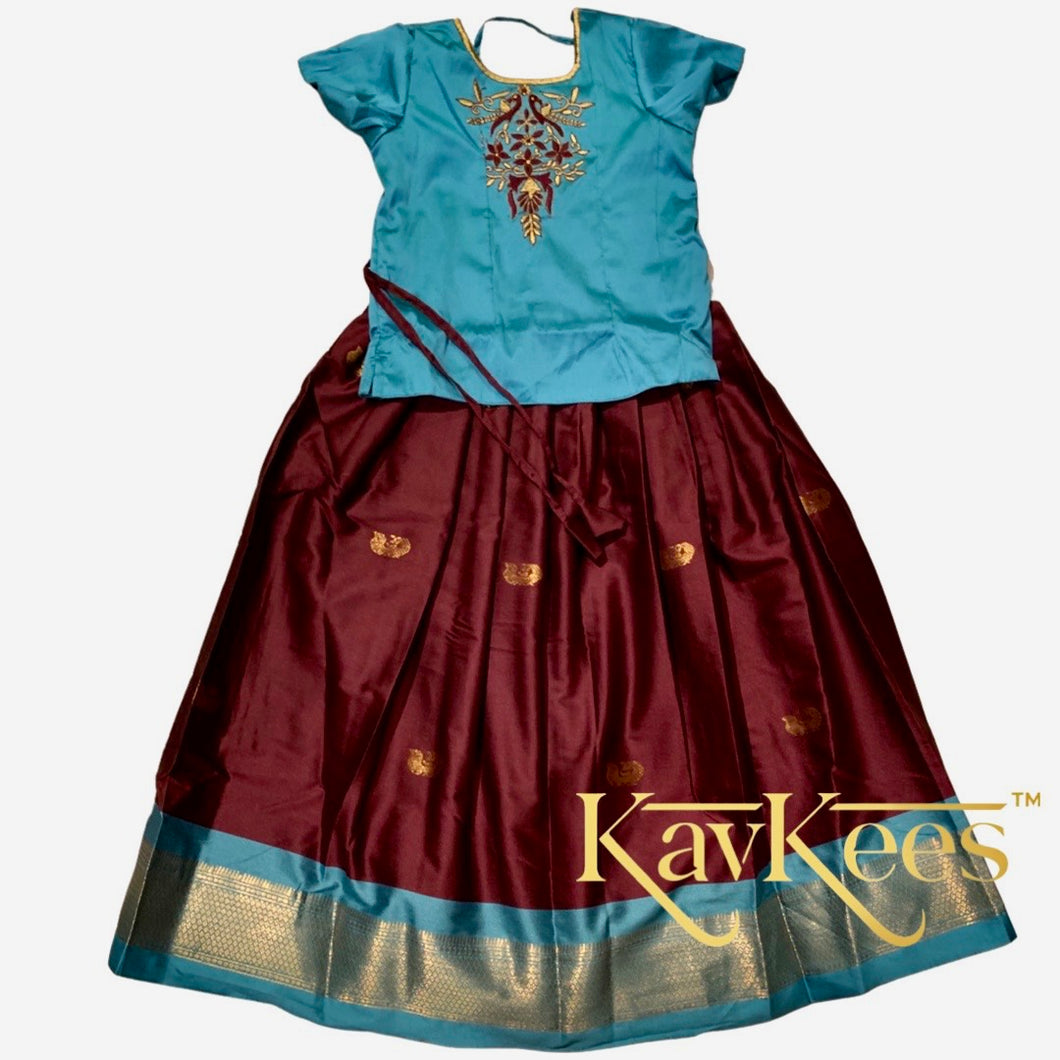 Collection Mahathi - Dark Brown with Aqua Blue Border Silk Cotton Skirt and Aqua Blue Silk Blouse with Embroidery