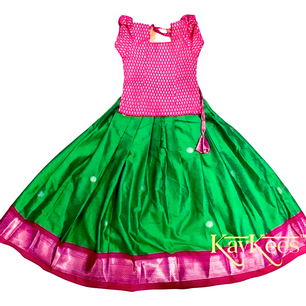 Collection Mahathi - Parrot Green with Hot Pink Border Paithani Silk Cotton Skirt and Hot Pink coloured Brocade Blouse