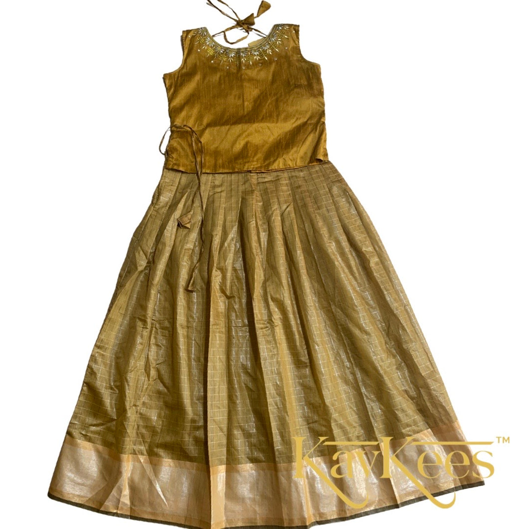 Collection Chakori- Golden Brown Checks patterned long bordered skirt with Golden Brown Dupioni/ Dupion Silk Blouse with Embroidery