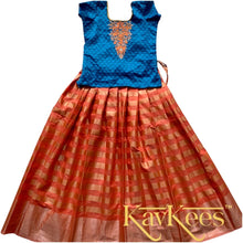 Load image into Gallery viewer, Collection Rekha - Rose Pink colour skirt having gold stripes with Cobalt Blue Cotton Brocade Embroidered Blouse
