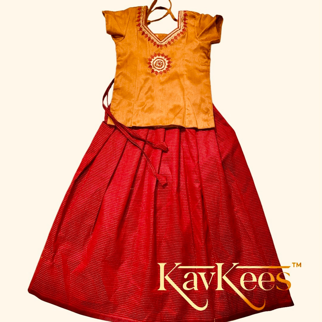 Collection Chandira- Maroon Chanderi Cotton Silk Skirt with Golden Mustard Dupion Silk Blouse with Embroidery