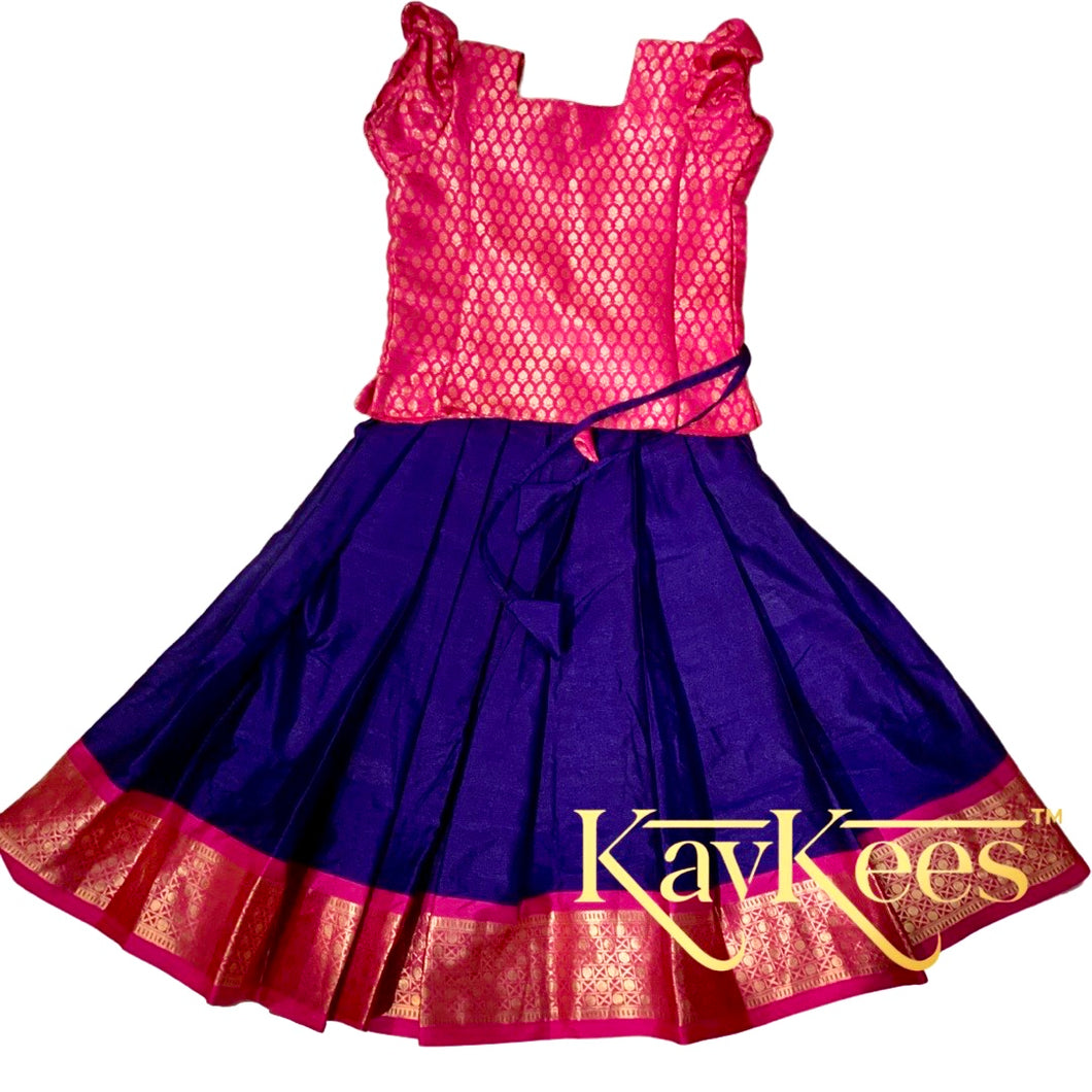 Collection Mahathi -Navy Blue with Hot Pink Border Silk Cotton Skirt and Hot Pink Silk Brocade Blouse