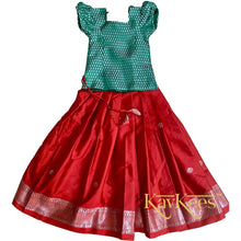 Load image into Gallery viewer, Collection Mahathi - Deep Red with Silver Zari Self border Silk Cotton Skirt and Leaf Green Silk Brocade Blouse
