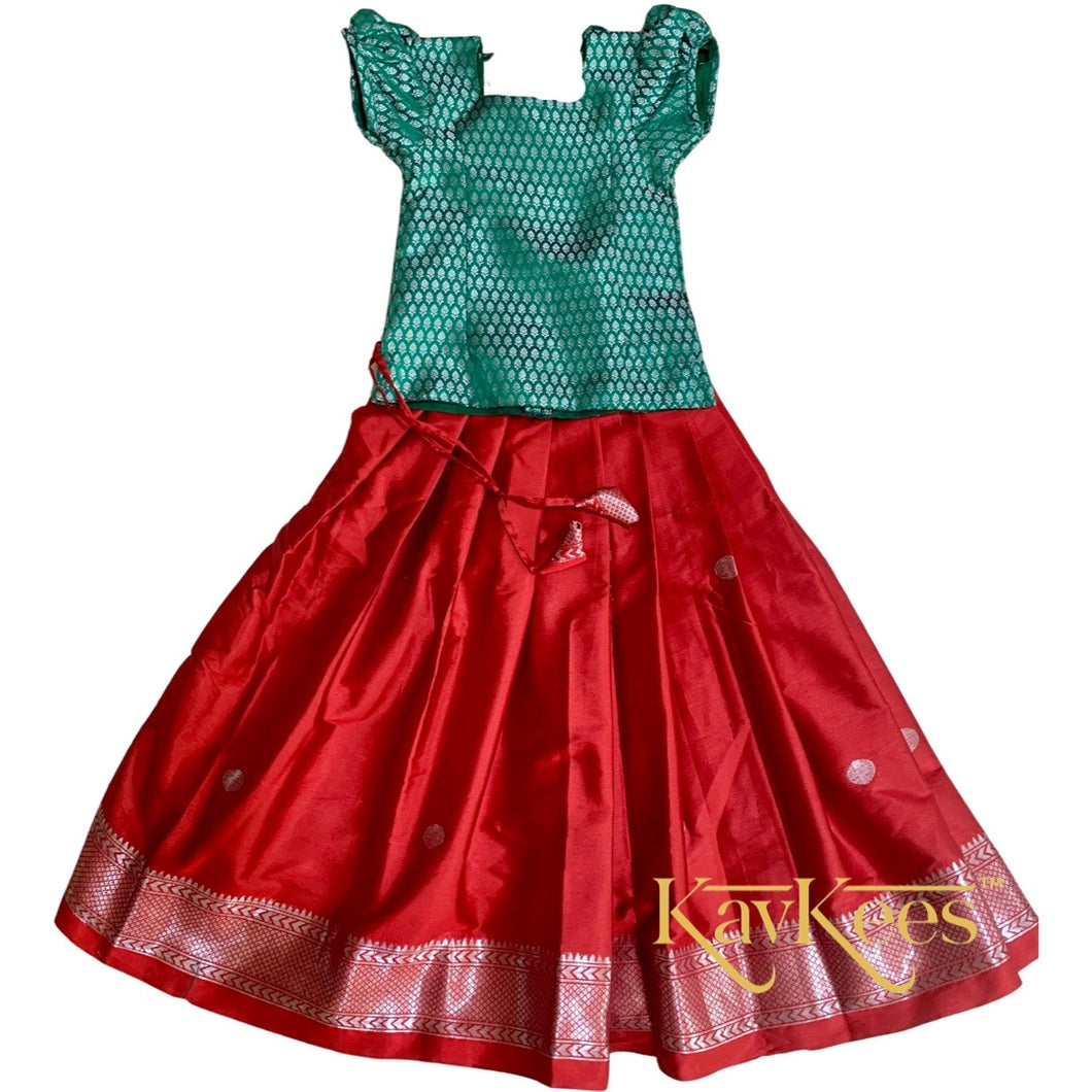 Collection Mahathi - Deep Red with Silver Zari Self border Silk Cotton Skirt and Leaf Green Silk Brocade Blouse