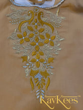 Load image into Gallery viewer, Collection Chakori- Khakhi Brown Checks patterned long bordered skirt with Buff Cream Dupioni/ Dupion Silk Blouse with Embroidery

