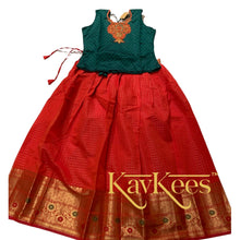 Load image into Gallery viewer, Collection Chakori - Tomato Red Checks-patterned Skirt having a long Benarasi Border with Leaf Green Embroidered Cotton Brocade Blouse
