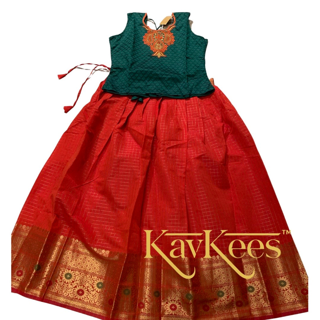 Collection Chakori - Tomato Red Checks-patterned Skirt having a long Benarasi Border with Leaf Green Embroidered Cotton Brocade Blouse