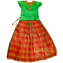 Load image into Gallery viewer, Collection Chakori - Red and Parrot Green Checks-patterned Lehenga with Parrot Green Cotton Brocade Embroidered Blouse
