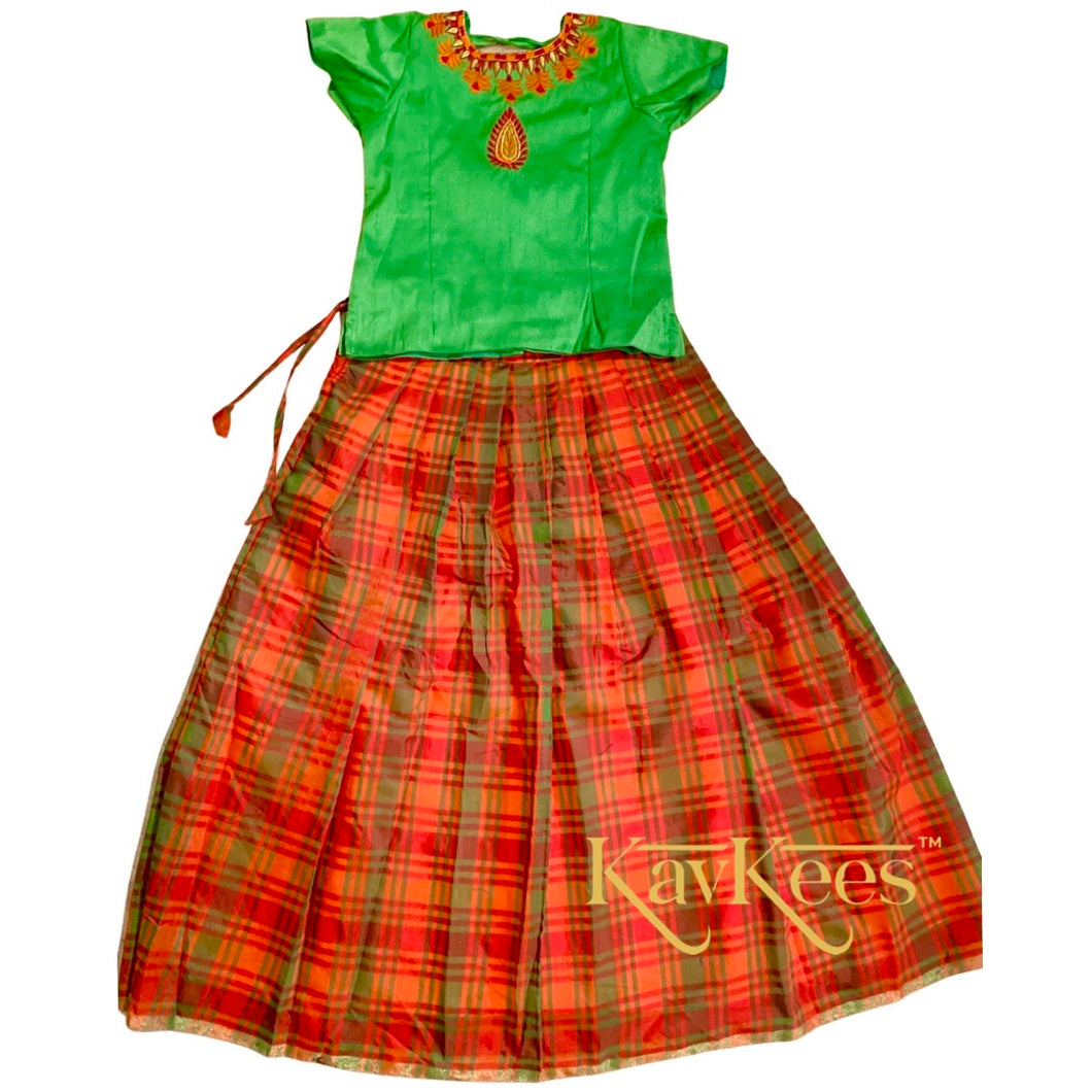 Collection Chakori - Red and Parrot Green Checks-patterned Lehenga with Parrot Green Cotton Brocade Embroidered Blouse