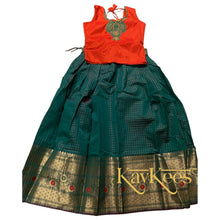 Load image into Gallery viewer, Collection Chakori - Green Checks-patterned Skirt having a long Benarasi Border with Bright Red Embroidered Dupion Blouse
