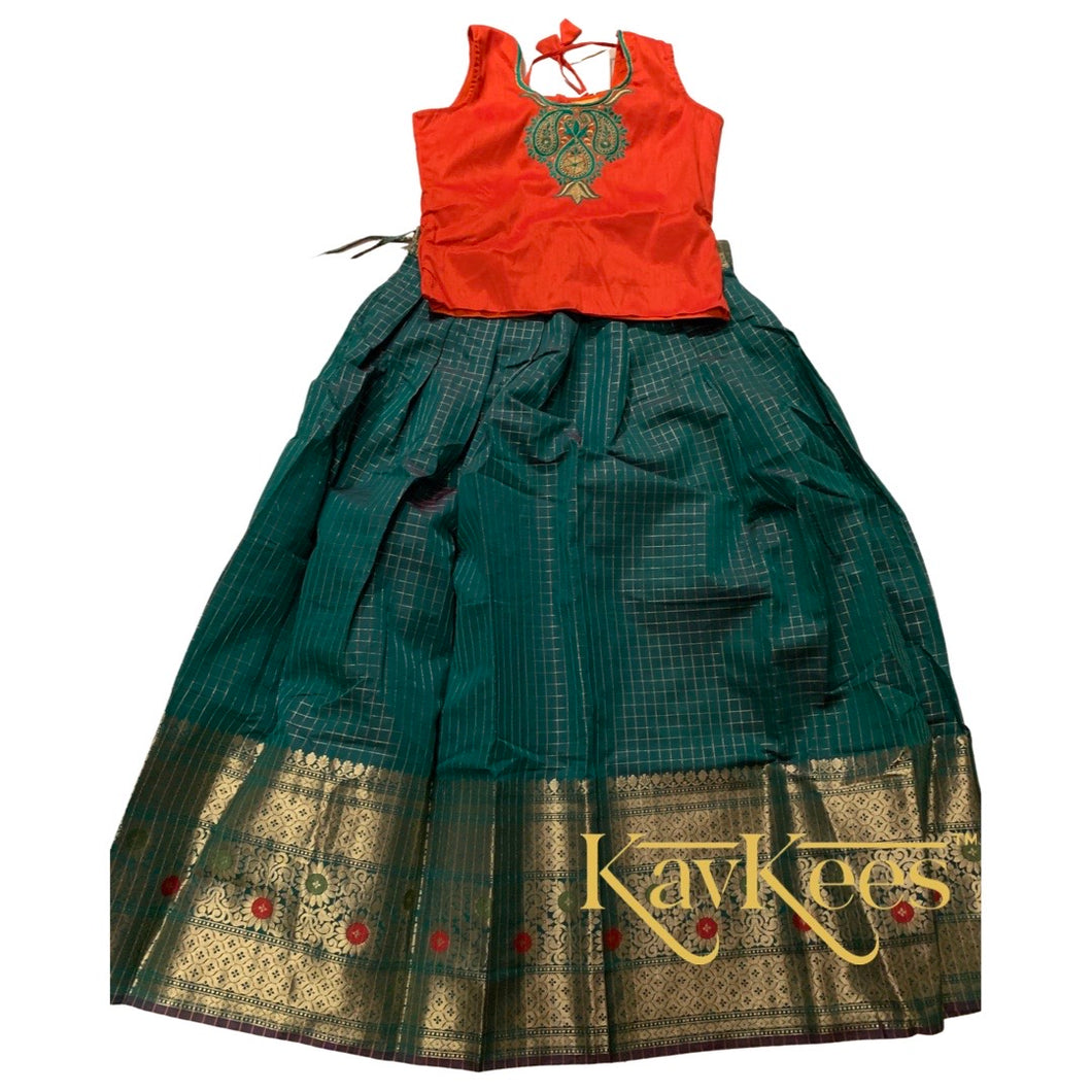 Collection Chakori - Green Checks-patterned Skirt having a long Benarasi Border with Bright Red Embroidered Dupion Blouse