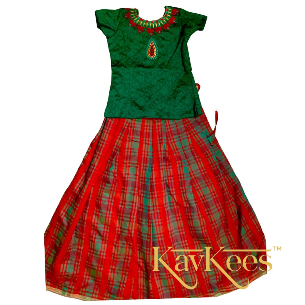 Collection Chakori - Red and Dark Green Checks-patterned Lehenga with Dark Green Cotton Brocade Embroidered Blouse