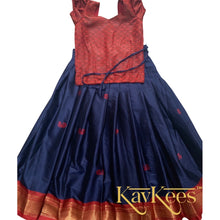 Load image into Gallery viewer, Collection Mahathi - Navy Blue Skirt with Maroon Border and Maroon Red Cotton Brocade Blouse
