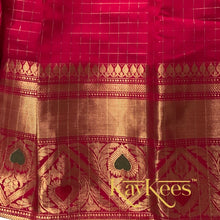 Load image into Gallery viewer, Collection Chakori - Tomato Red Checks-patterned Skirt having a long Benarasi Border with Leaf Green Embroidered Cotton Brocade Blouse
