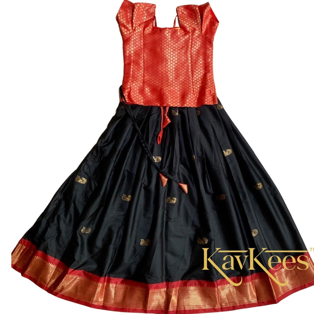 Collection Mahathi - Black with Bright Red Paithani Silk-Cotton Skirt and Bright Red Brocade Blouse