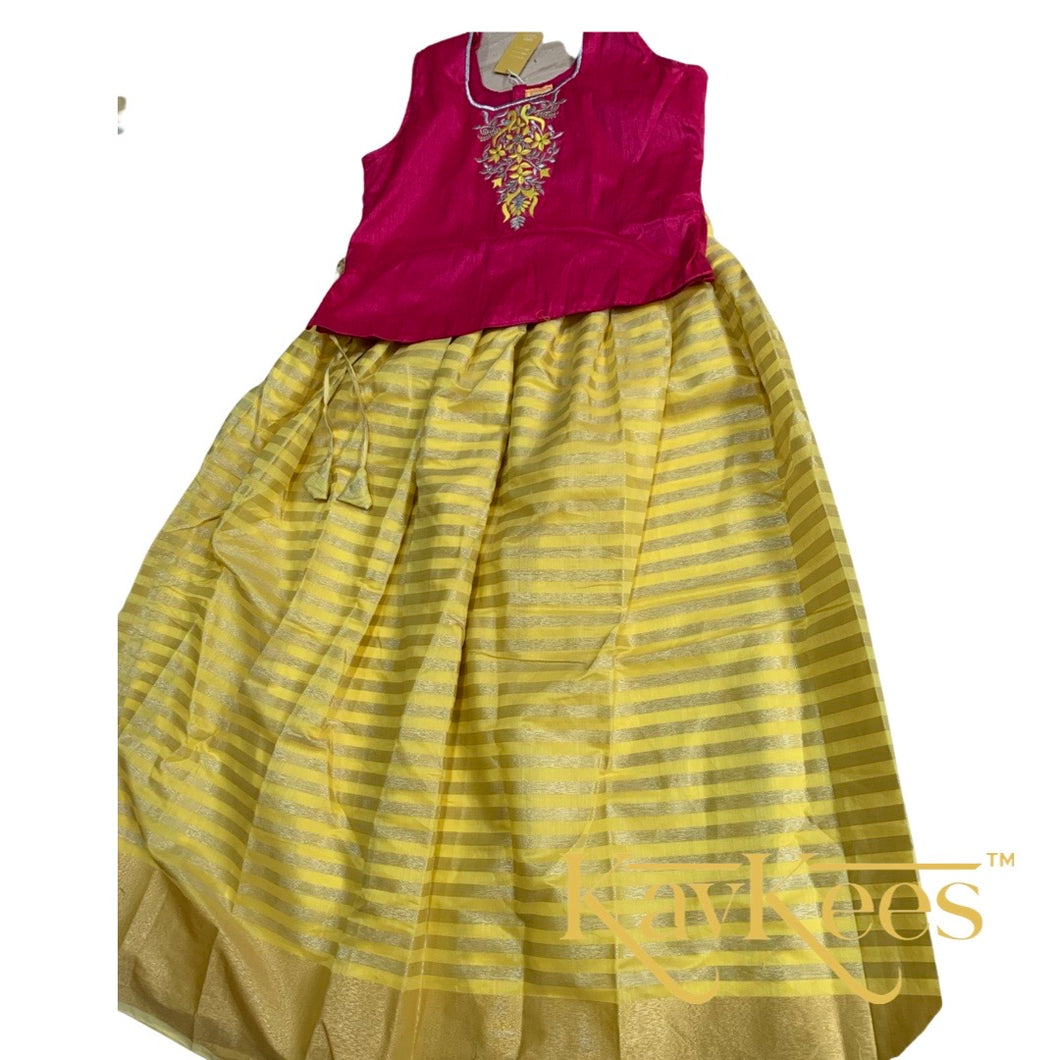 Collection Rekha - Bright Yellow Stripes with Hot Pink Embroidered Dupion Blouse