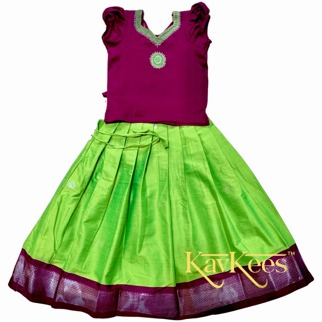 Collection Mahathi- Parrot Green with Purple Paithani Silk Cotton Skirt with Embroidered Purple Blouse