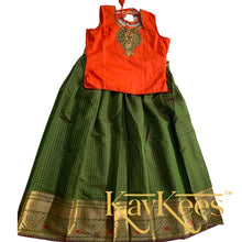 Load image into Gallery viewer, Collection Chakori - Forest Green Checks-patterned Skirt having a long Benarasi Border with Bright Red Embroidered Blouse
