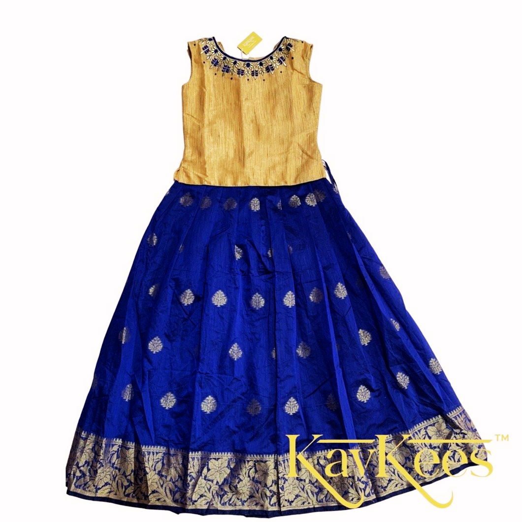 Collection Chandira- Navy Blue Chanderi Cotton with Gold Khiccha Khadi Silk Blouse with Embroidery