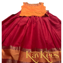 Load image into Gallery viewer, Collection Chandira- Red Chanderi Cotton Silk Skirt with Honey Yellow Dupion Silk Blouse with Embroidery
