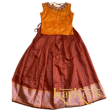Load image into Gallery viewer, Collection Chakori - Deep brown all over Silver, Gold checkered Skirt with Honey Yellow Embroidered Sleeveless Blouse
