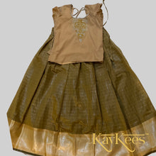 Load image into Gallery viewer, Collection Chakori- Khakhi Brown Checks patterned long bordered skirt with Buff Cream Dupioni/ Dupion Silk Blouse with Embroidery
